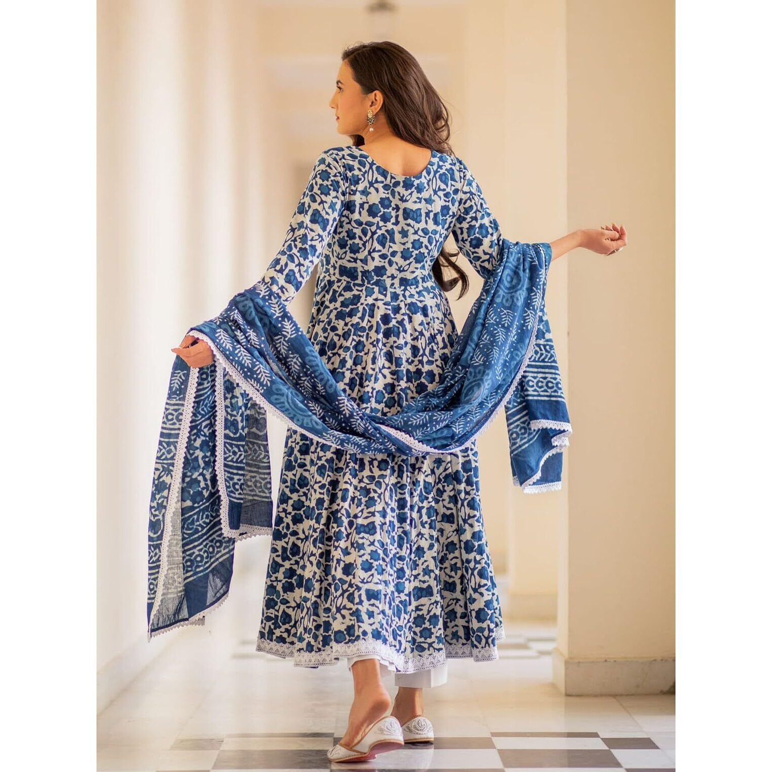 ANNI DESIGNER Women's Rayon Blend Anarkali Printed Kurta with Pant & Dupatta (YUTIKA Blue_XL_Blue_X-Large)