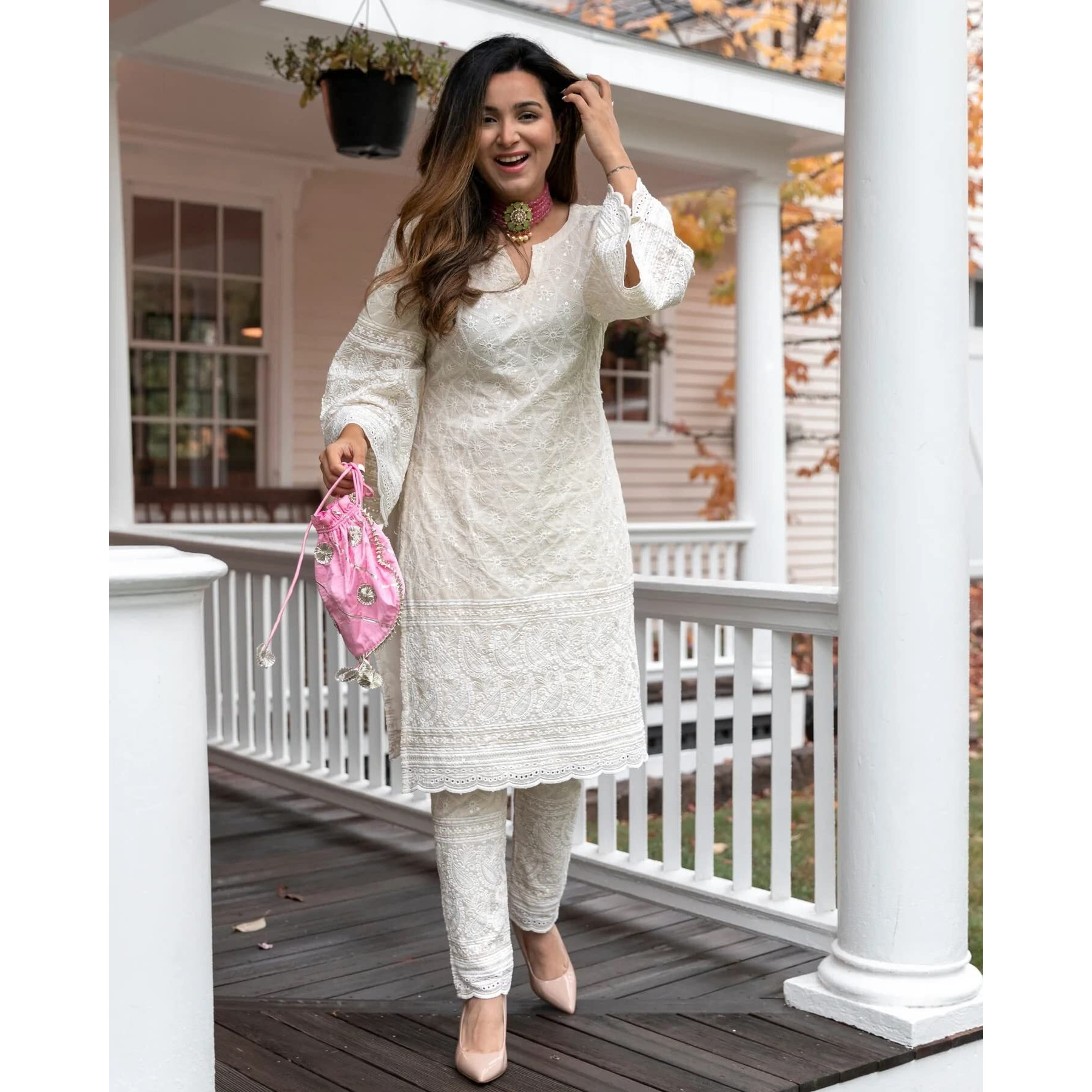 ANNI DESIGNER Women's Cotton Blend Embroidered Straight Kurta with Pant (Mavak Cream_XXL_Cream_XX-Large)