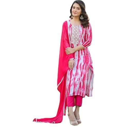 ANNI DESIGNER Women's Rayon Blend Printed Straight Kurta with Pant & Dupatta (Kirkatu Pink_M_Pink_Medium)