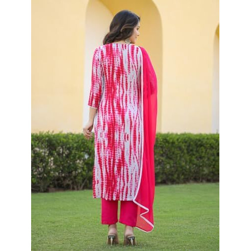 ANNI DESIGNER Women's Rayon Blend Printed Straight Kurta with Pant & Dupatta (Kirkatu Pink_M_Pink_Medium)