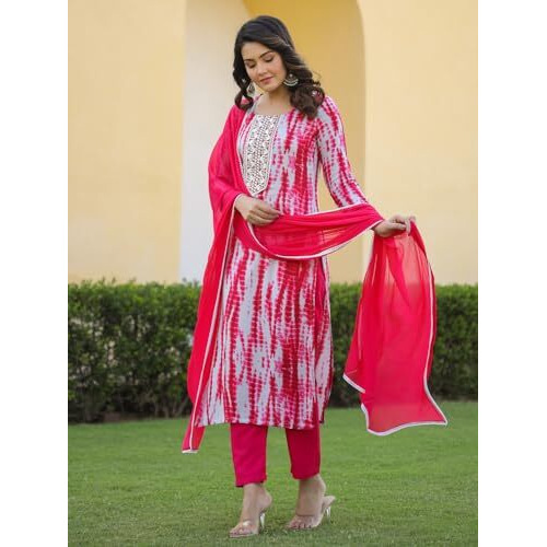 ANNI DESIGNER Women's Rayon Blend Printed Straight Kurta with Pant & Dupatta (Kirkatu Pink_M_Pink_Medium)