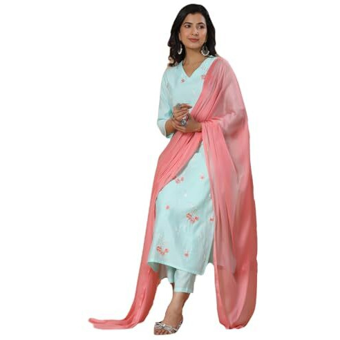 ANNI DESIGNER Women's Rayon Blend Embroidered Straight Kurta with Pant & Dupatta (Baad Green-NW_L_Green_Large)