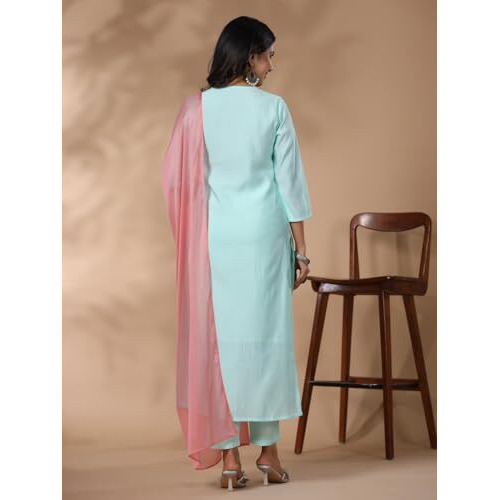 ANNI DESIGNER Women's Rayon Blend Embroidered Straight Kurta with Pant & Dupatta (Baad Green-NW_L_Green_Large)