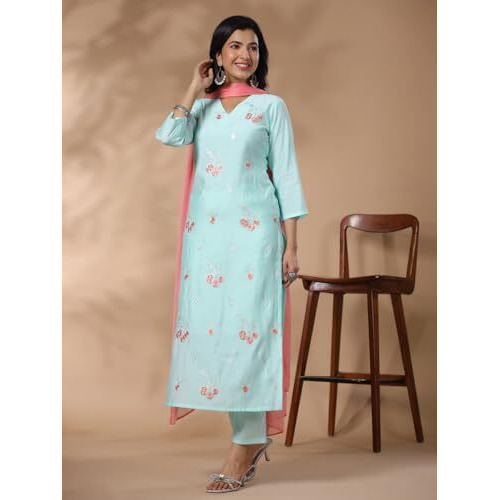 ANNI DESIGNER Women's Rayon Blend Embroidered Straight Kurta with Pant & Dupatta (Baad Green-NW_L_Green_Large)