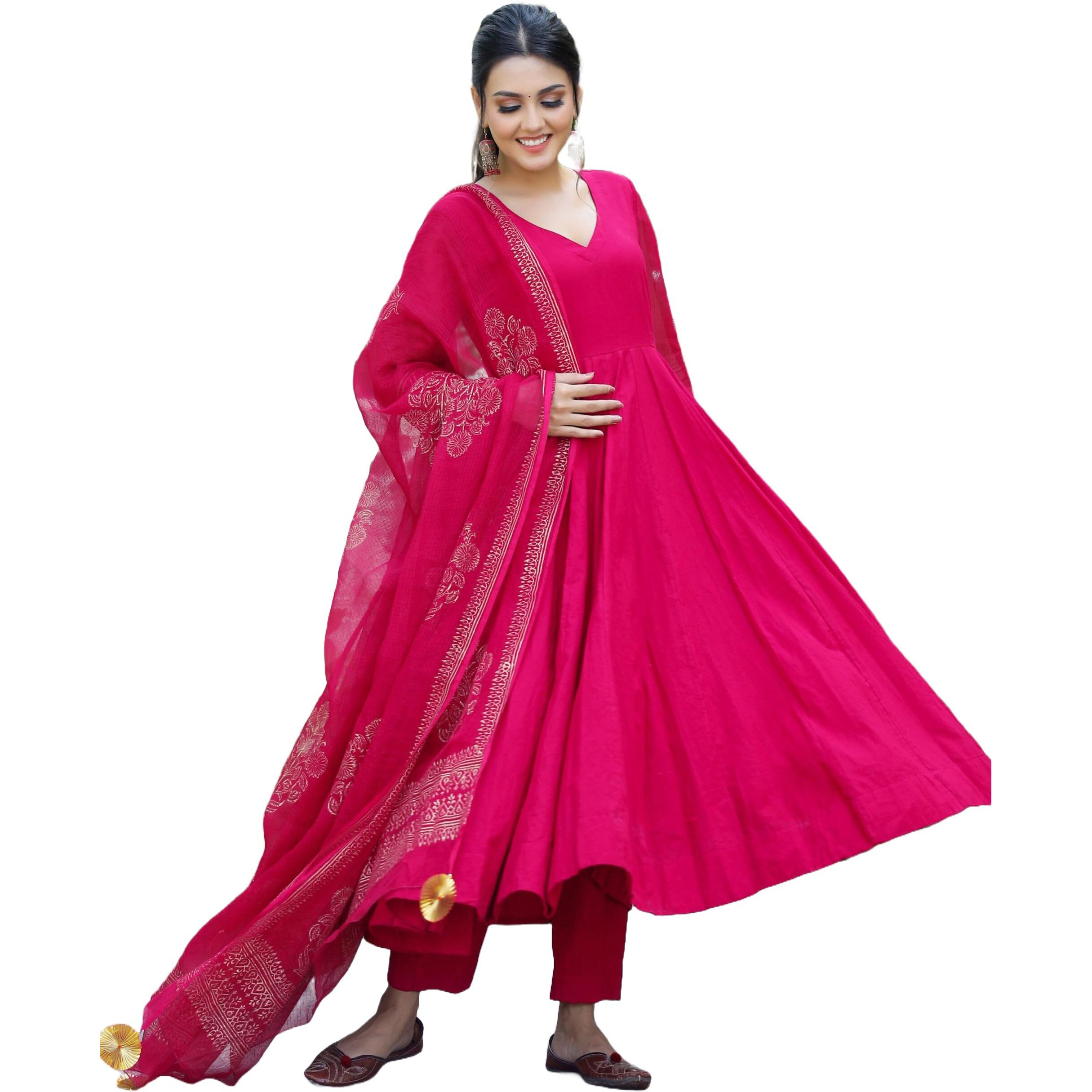 ANNI DESIGNER Women's Rayon Blend Solid Anarkali Kurta with Pant & Dupatta (Magic-Pink-NW_L_Pink_Large)