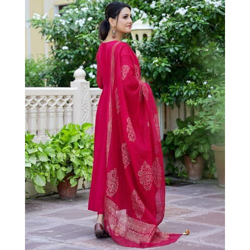ANNI DESIGNER Women's Rayon Blend Solid Anarkali Kurta with Pant & Dupatta (Magic-Pink-NW_L_Pink_Large)