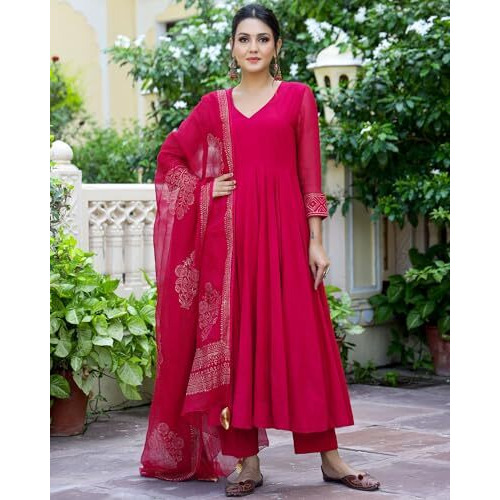 ANNI DESIGNER Women's Rayon Blend Solid Anarkali Kurta with Pant & Dupatta (Magic-Pink-NW_L_Pink_Large)