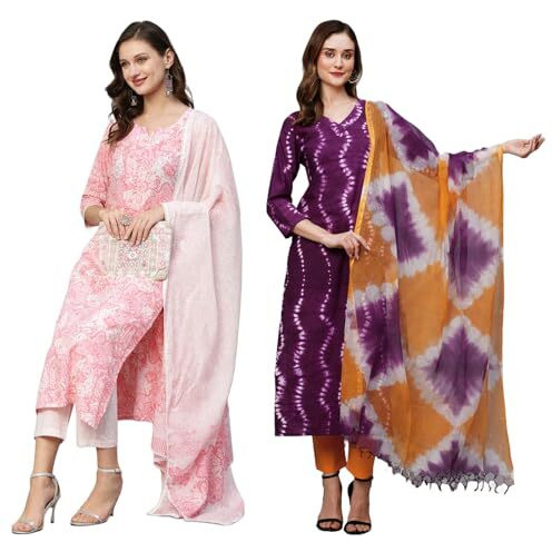 ANNI DESIGNER Women's Cotton Blend Printed Straight Kurta with Pant Pack of 2 (Combo-Prem Mukhi Pink_Multicolor_XX-Large)