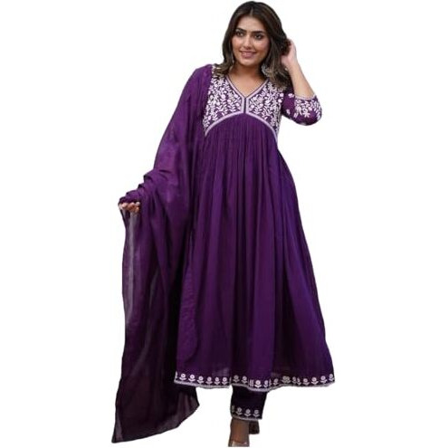 ANNI DESIGNER Women's Rayon Blend Anarkali Embroidered Kurta with Pant & Dupatta (Kart BEGANI_M_Begani_Medium)