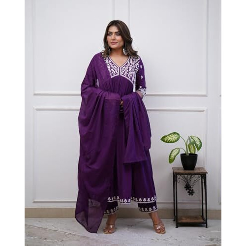 ANNI DESIGNER Women's Rayon Blend Anarkali Embroidered Kurta with Pant & Dupatta (Kart BEGANI_M_Begani_Medium)