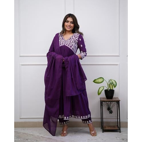 ANNI DESIGNER Women's Rayon Blend Anarkali Embroidered Kurta with Pant & Dupatta (Kart BEGANI_M_Begani_Medium)