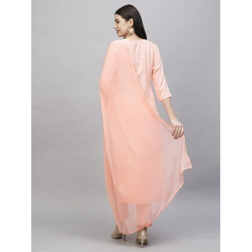ANNI DESIGNER Women's Cotton Blend Straight Printed Kurta with Pant & Dupatta (Mavis Peach_S_Peach_Small)