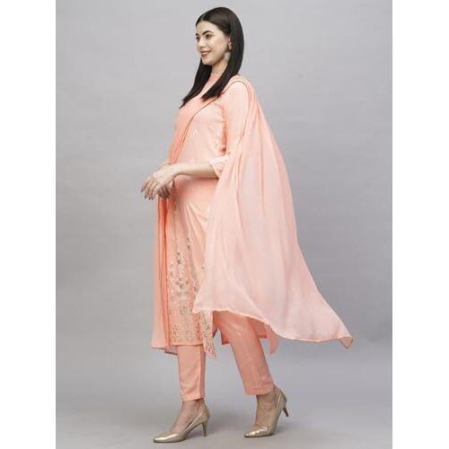 ANNI DESIGNER Women's Cotton Blend Straight Printed Kurta with Pant & Dupatta (Mavis Peach_S_Peach_Small)