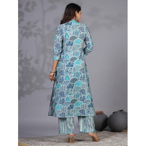 ANNI DESIGNER Women's Rayon Blend Straight Printed Kurta with Pant (Later Blue_S_Blue_Small)