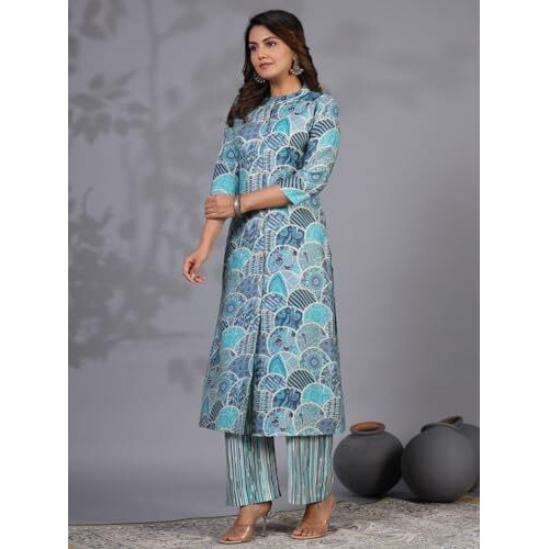 ANNI DESIGNER Women's Rayon Blend Straight Printed Kurta with Pant (Later Blue_S_Blue_Small)
