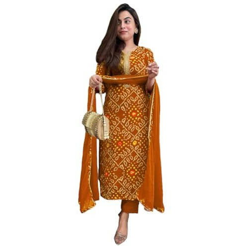 ANNI DESIGNER Women's Rayon Blend Straight Bandhej Printed Kurta with Pant & Dupatta (Turae Mustard-VKS01_XL_Mustard_X-Large)