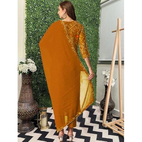ANNI DESIGNER Women's Rayon Blend Straight Bandhej Printed Kurta with Pant & Dupatta (Turae Mustard-VKS01_XL_Mustard_X-Large)