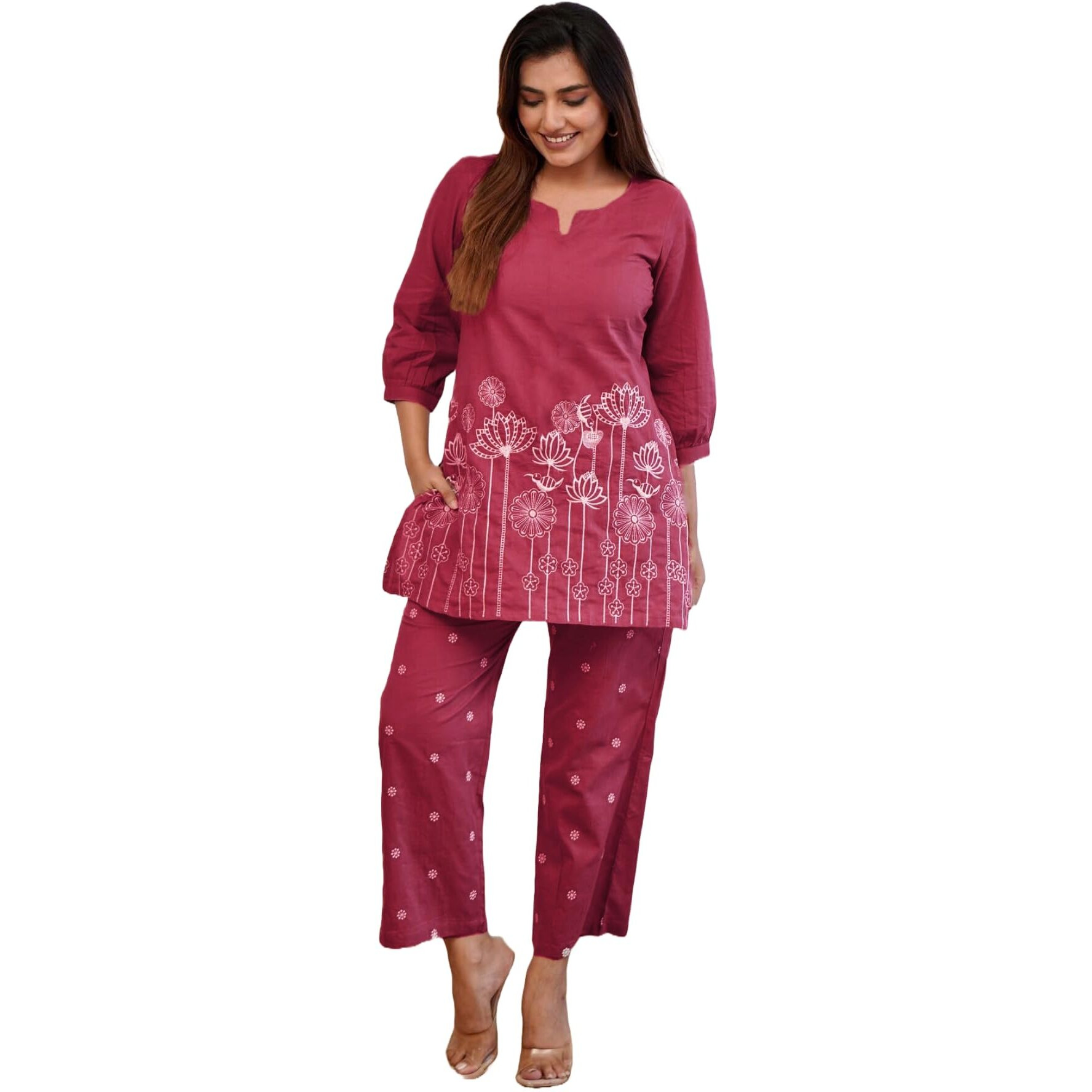 ANNI DESIGNER Women's Cotton Blend Straight Embroidered Kurta with Pant Set (Sapna Wine_S_Wine_Small)