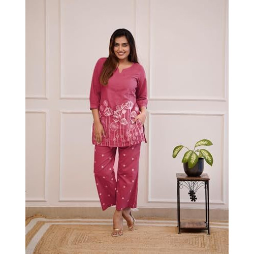 ANNI DESIGNER Women's Cotton Blend Straight Embroidered Kurta with Pant Set (Sapna Wine_S_Wine_Small)