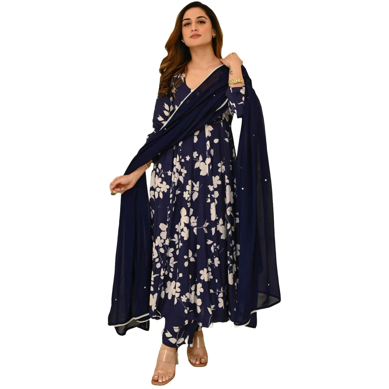 ANNI DESIGNER Women's Rayon Blend Printed Anarkali Kurta with Pant & Dupatta (Kanodiya Blue_S_Blue_Small)