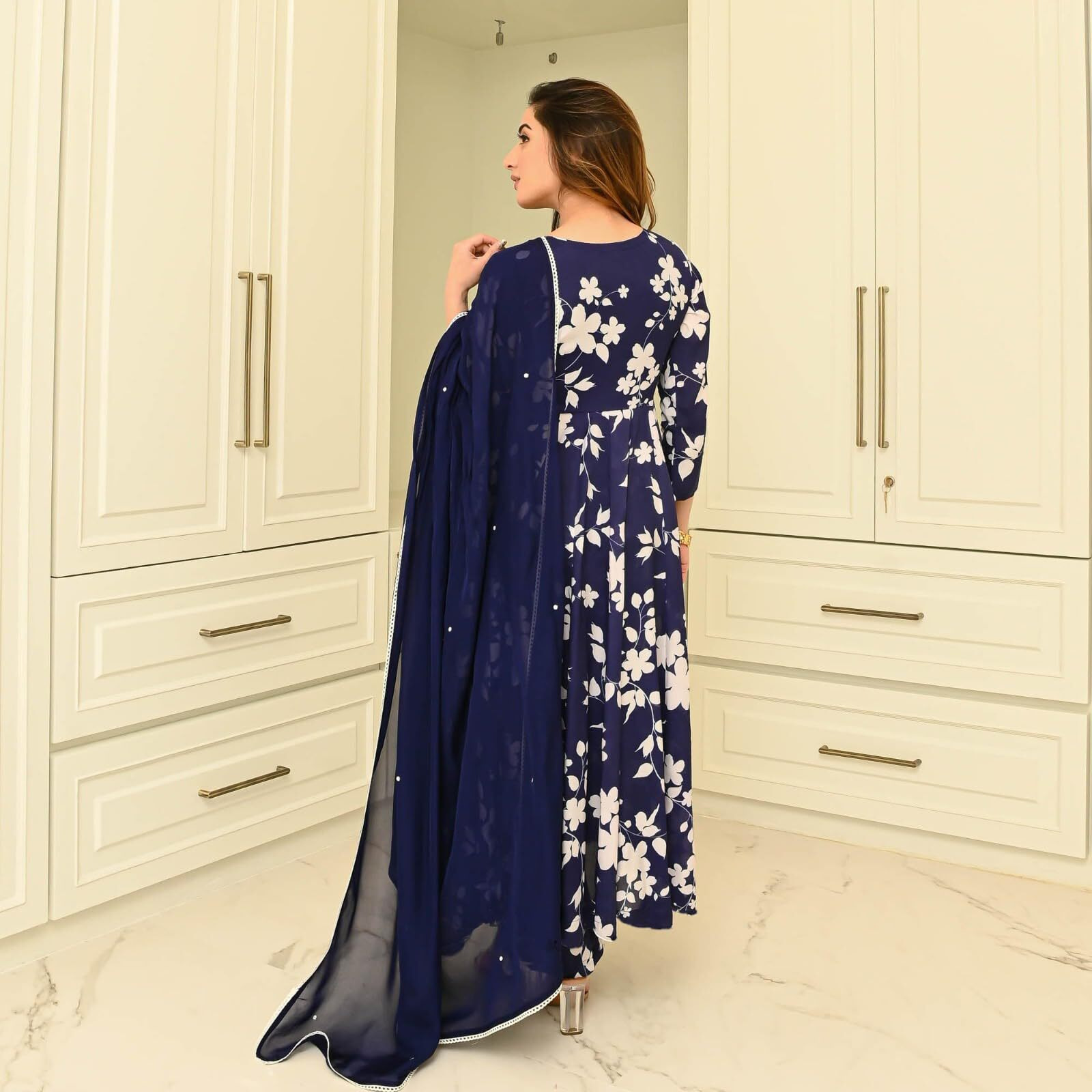 ANNI DESIGNER Women's Rayon Blend Printed Anarkali Kurta with Pant & Dupatta (Kanodiya Blue_S_Blue_Small)