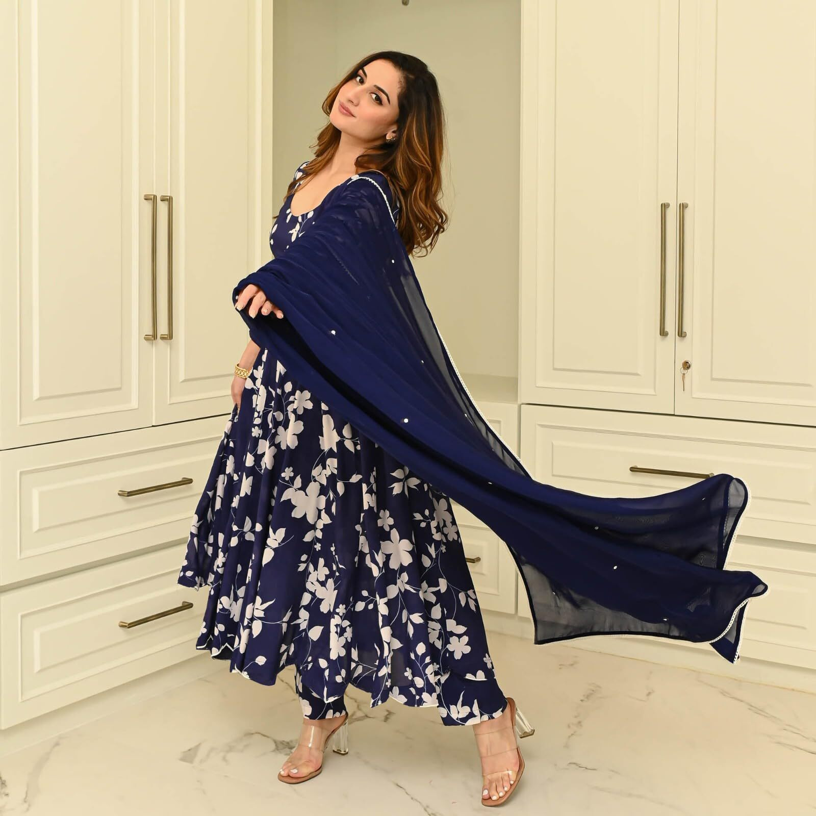 ANNI DESIGNER Women's Rayon Blend Printed Anarkali Kurta with Pant & Dupatta (Kanodiya Blue_S_Blue_Small)