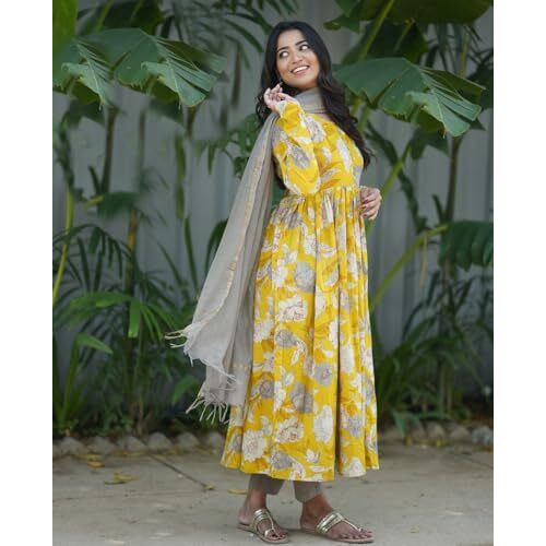 ANNI DESIGNER Women's Rayon Blend Anarkali Printed Kurta with Pant & Dupatta (Purimor Yellow_L_Yellow_Large)