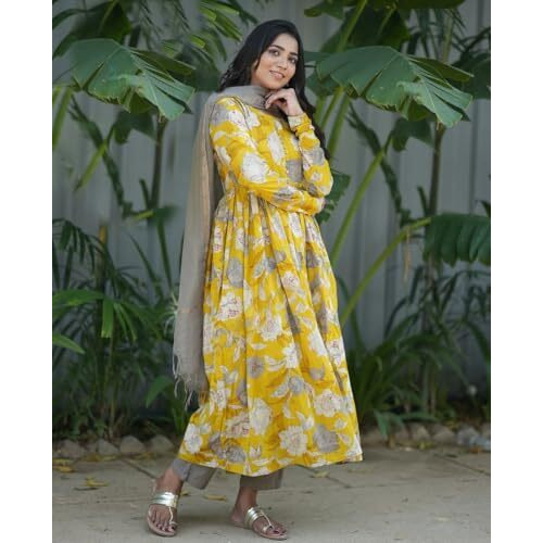 ANNI DESIGNER Women's Rayon Blend Anarkali Printed Kurta with Pant & Dupatta (Purimor Yellow_L_Yellow_Large)
