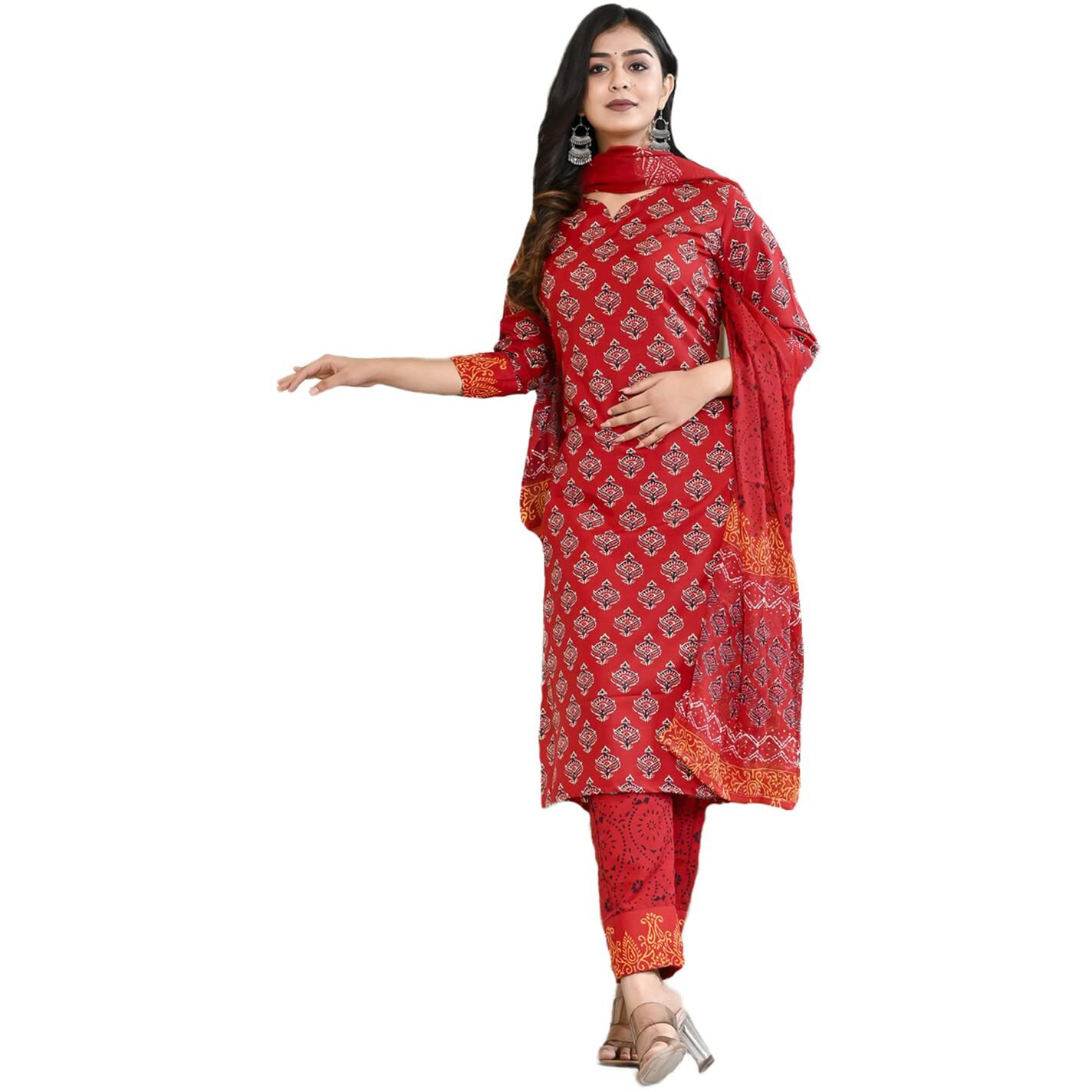 ANNI DESIGNER Women's Cotton Blend Floral Printed Straight Kurta with Pants & Dupatta (Shank-Maroon-CMD_XL_Maroon_X-Large)