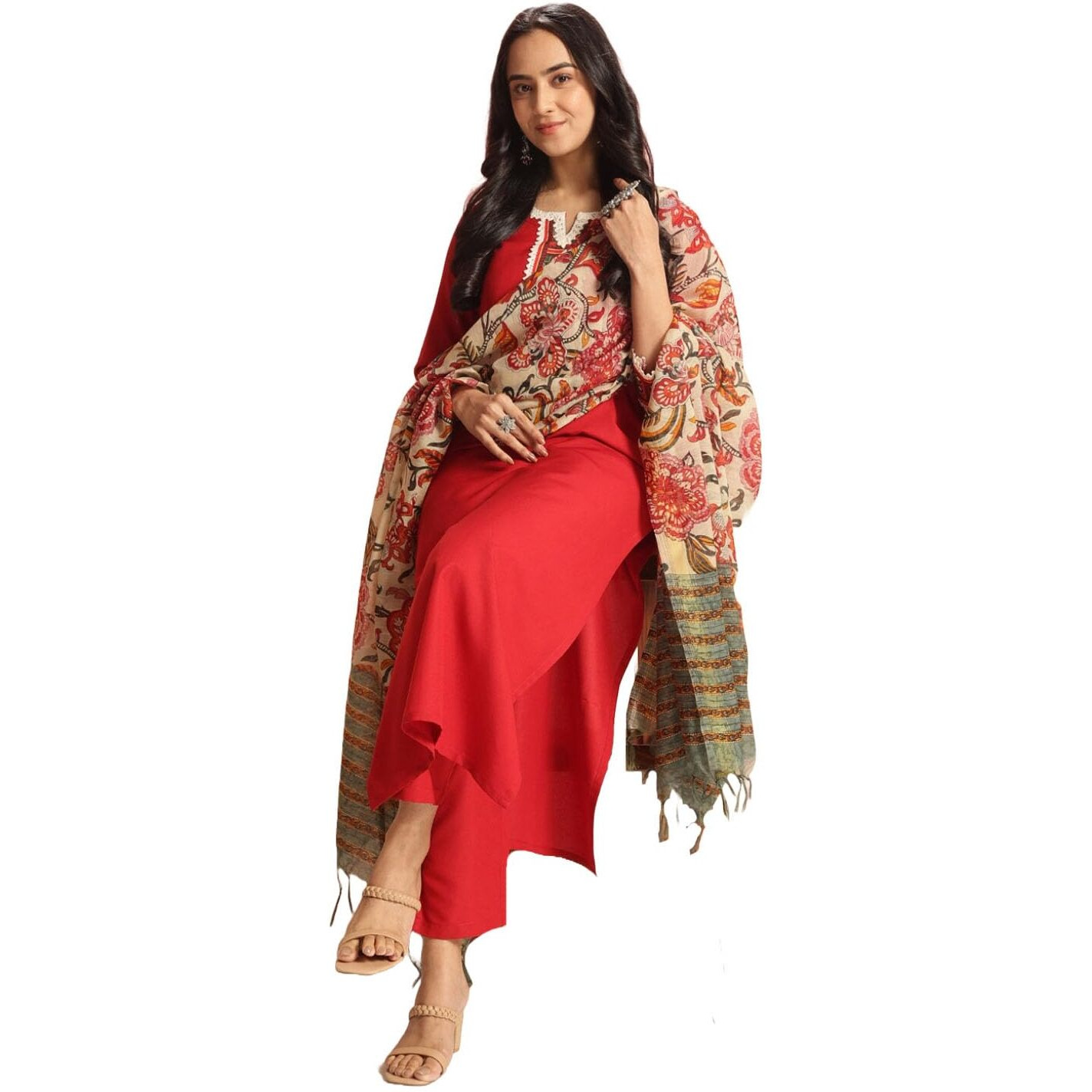 ANNI DESIGNER Women's Rayon Viscose Floral Straight Kurta with Pant & Dupatta (Dhar-CLRS-RB_Red_Small)