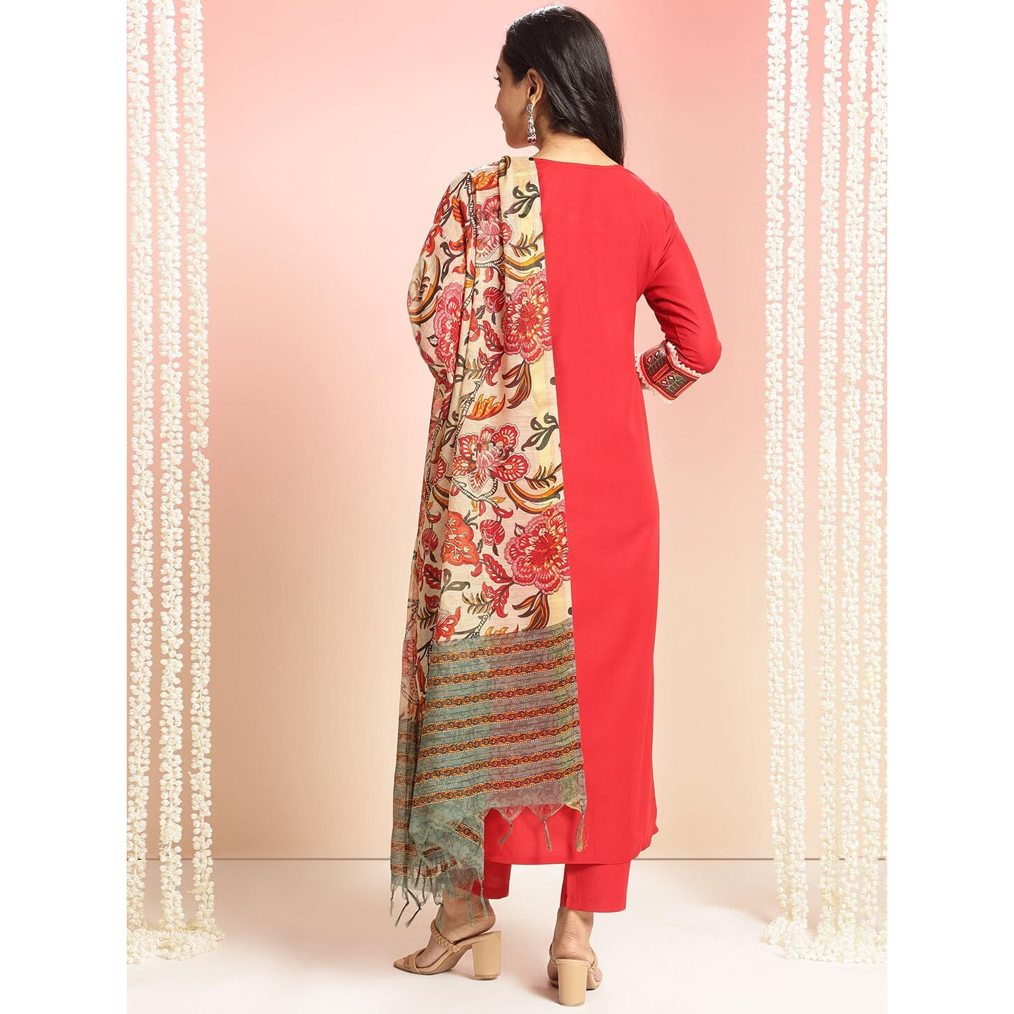 ANNI DESIGNER Women's Rayon Viscose Floral Straight Kurta with Pant & Dupatta (Dhar-CLRS-RB_Red_Small)