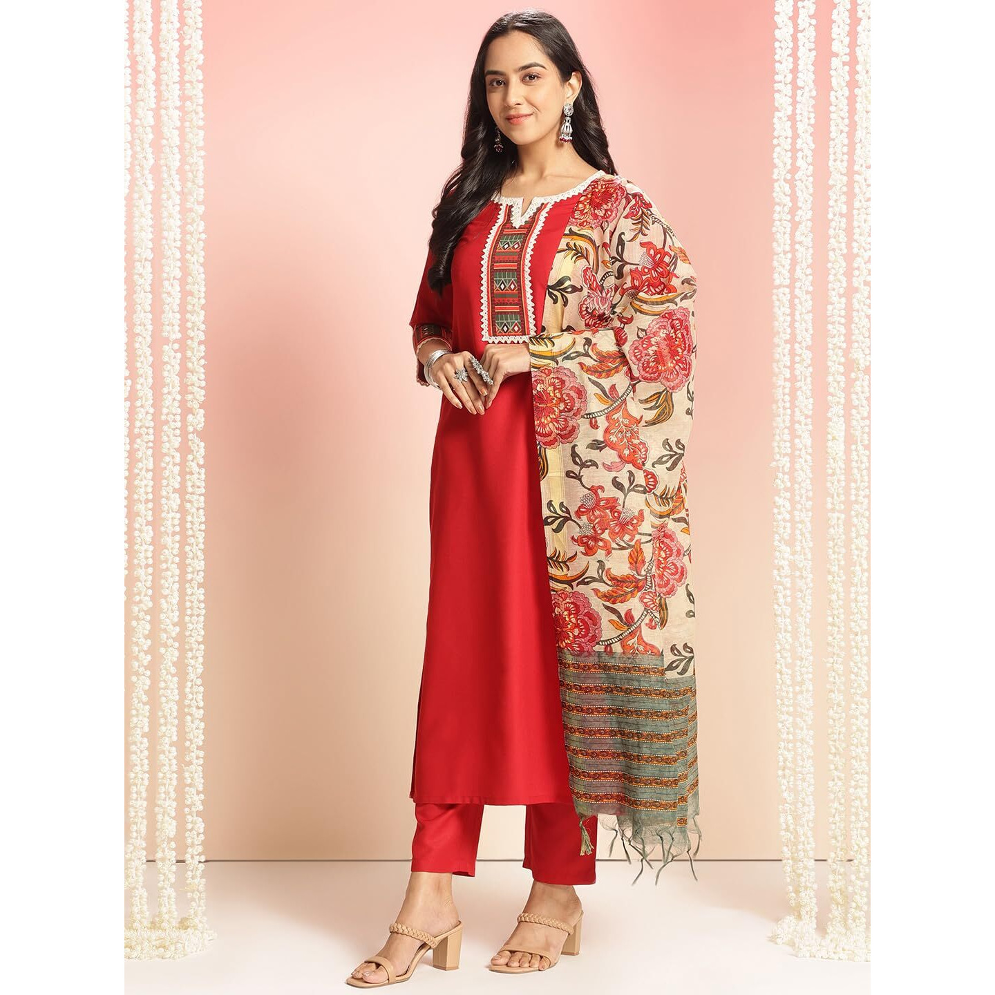 ANNI DESIGNER Women's Rayon Viscose Floral Straight Kurta with Pant & Dupatta (Dhar-CLRS-RB_Red_Small)