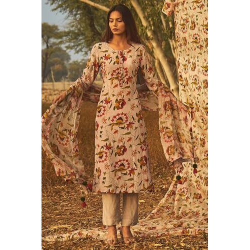 ANNI DESIGNER Women's Rayon Blend Straight Printed Kurta with Pant & Dupatta (Jiyanpur Grey_M_Grey_Medium)