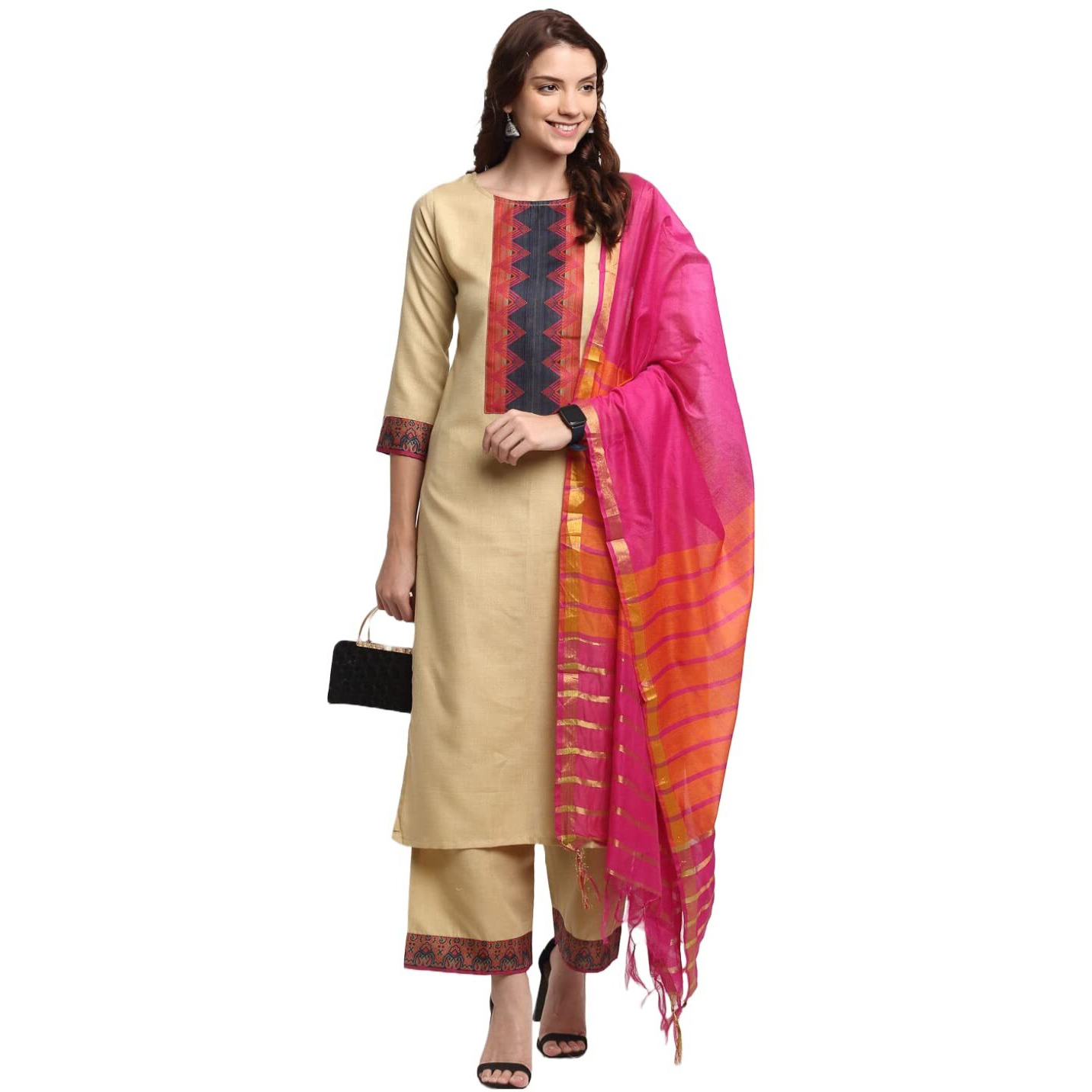 ANNI DESIGNER Women's Cotton Straight Solid Kurta with Pant & Dupatta (My Hit-Beige-Jan15_M_Beige_Medium)