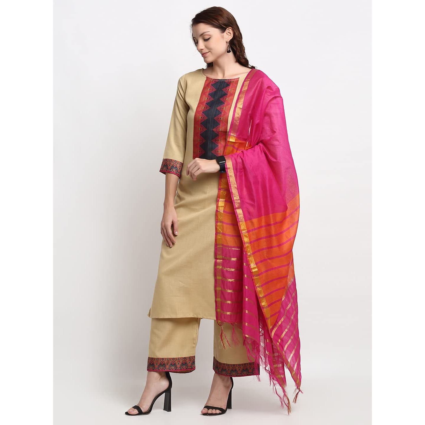 ANNI DESIGNER Women's Cotton Straight Solid Kurta with Pant & Dupatta (My Hit-Beige-Jan15_M_Beige_Medium)