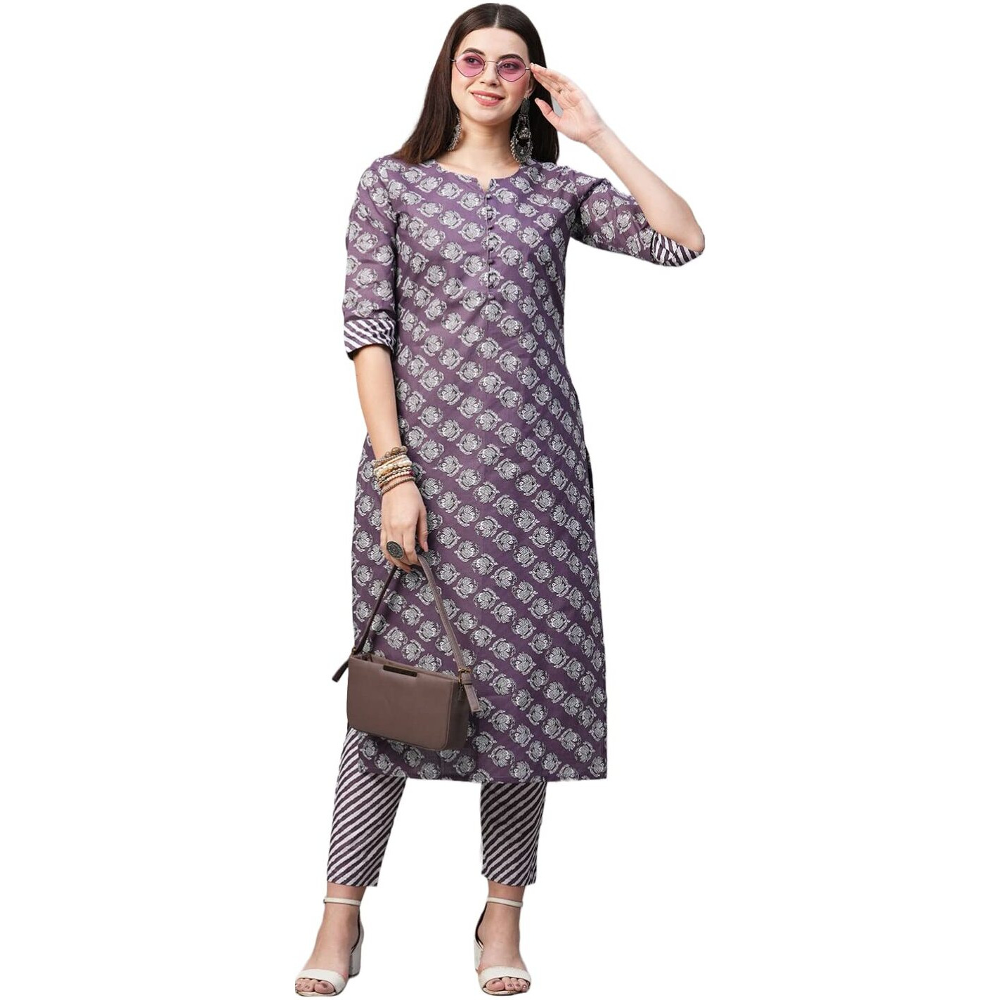 ANNI DESIGNER Women's Cotton Blend Printed Straight Kurta with Pant (Funnu Purple_3XL_Purple_XXX-Large)