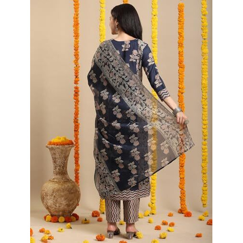ANNI DESIGNER Women's Rayon Blend Straight Printed Kurta with Pant & Dupatta (Alaya Navy BLUE-VKS01_M_Navy Blue_Medium)