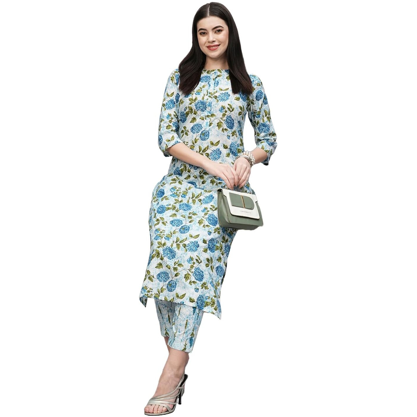 ANNI DESIGNER Women's Cotton Blend Straight Printed Kurta with Pant (Dafiya Blue_S_Blue_Small)