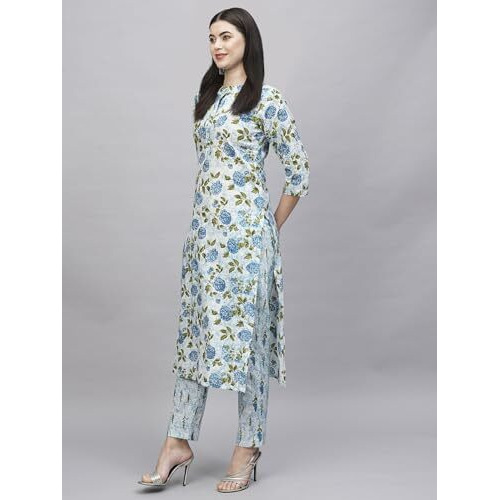 ANNI DESIGNER Women's Cotton Blend Straight Printed Kurta with Pant (Dafiya Blue_S_Blue_Small)