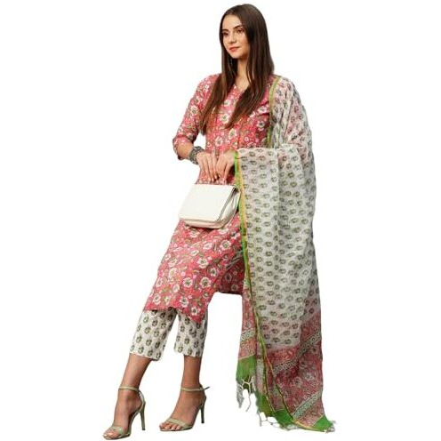 ANNI DESIGNER Women's Cotton Blend Straight Printed Kurta with Pant & Dupatta (Tanvi RED-KBV_L_Red_Large)