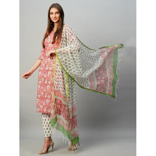 ANNI DESIGNER Women's Cotton Blend Straight Printed Kurta with Pant & Dupatta (Tanvi RED-KBV_L_Red_Large)