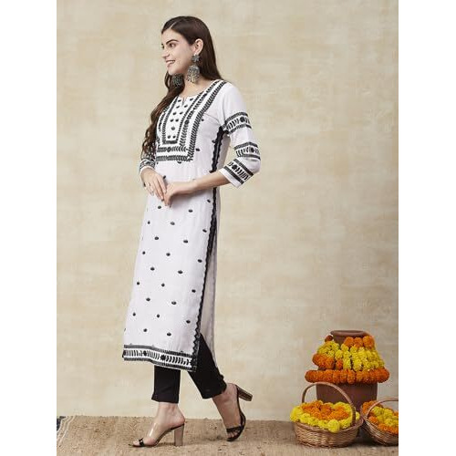 ANNI DESIGNER Women's Cotton Blend Chikankari Embroidered Straight Kurta (Stho-White-NRK_L_White_Large)