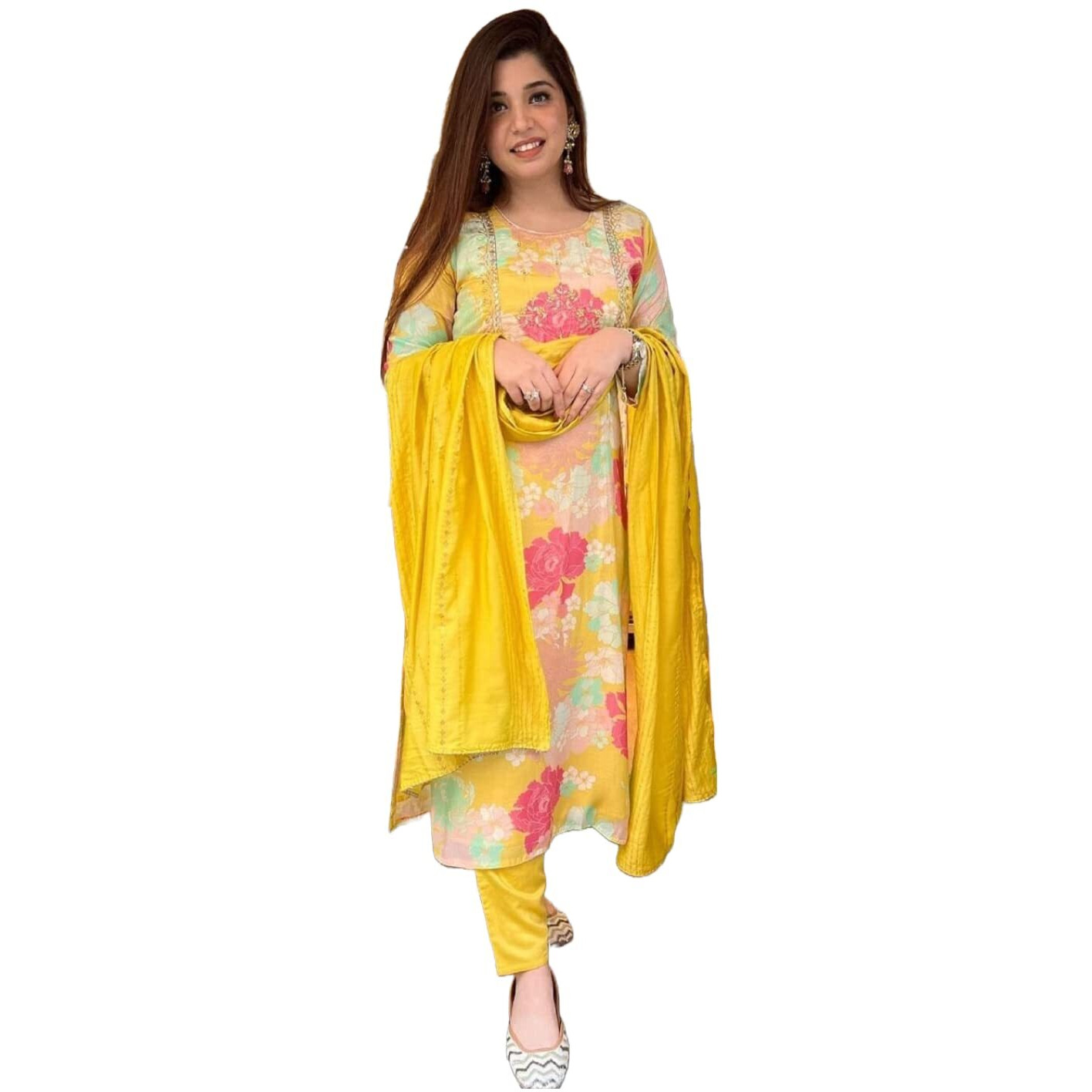 ANNI DESIGNER Women's Cotton Blend Embroidered Floral Printed Straight Kurta with Pant & Dupatta (LITUP-Yellow_M_Yellow_Medium)