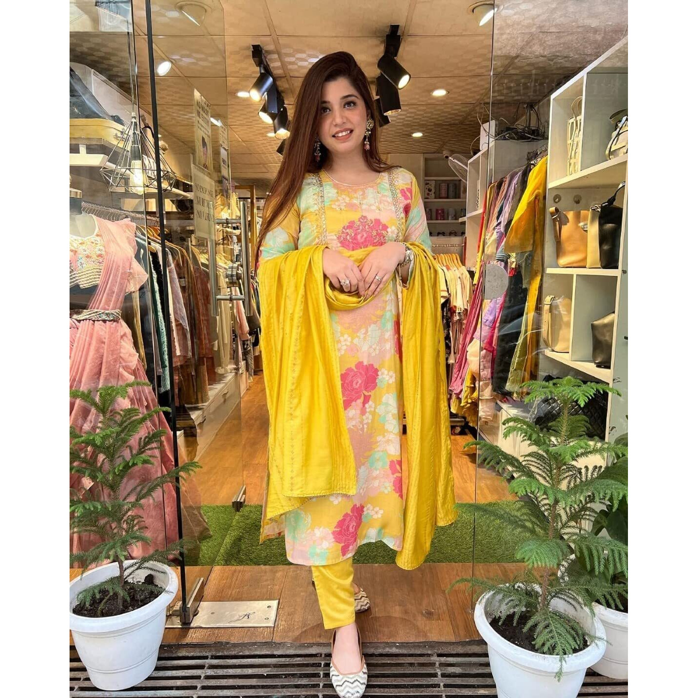 ANNI DESIGNER Women's Cotton Blend Embroidered Floral Printed Straight Kurta with Pant & Dupatta (LITUP-Yellow_M_Yellow_Medium)