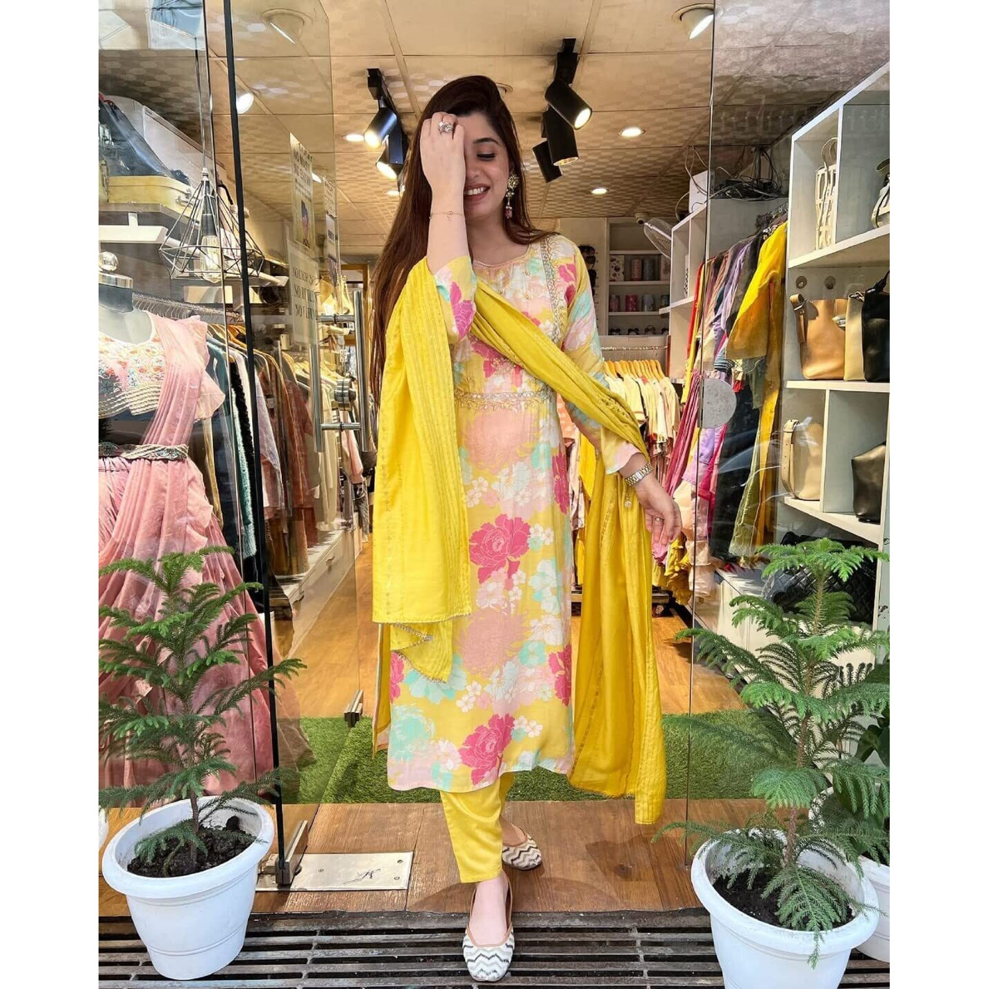 ANNI DESIGNER Women's Cotton Blend Embroidered Floral Printed Straight Kurta with Pant & Dupatta (LITUP-Yellow_M_Yellow_Medium)