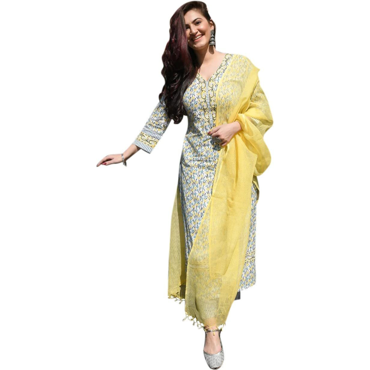 ANNI DESIGNER Women's Cotton Blend Straight Kurta with Pant & Dupatta (MURHAR-Yellow_S_Yellow_Small)