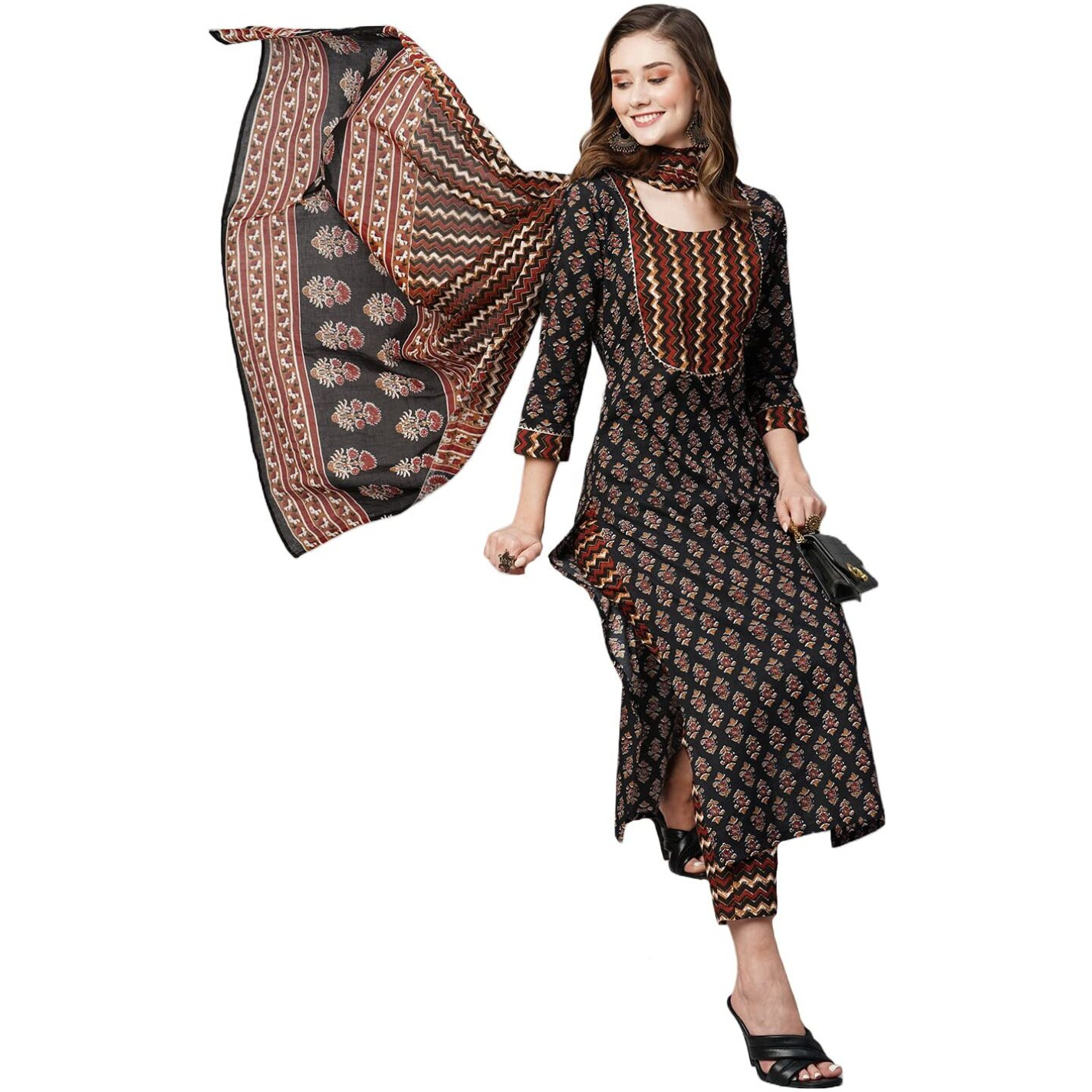 ANNI DESIGNER Women's Cotton Blend Straight Printed Kurta with Pant & Dupatta (Manita Black_XL_Black_X-Large)