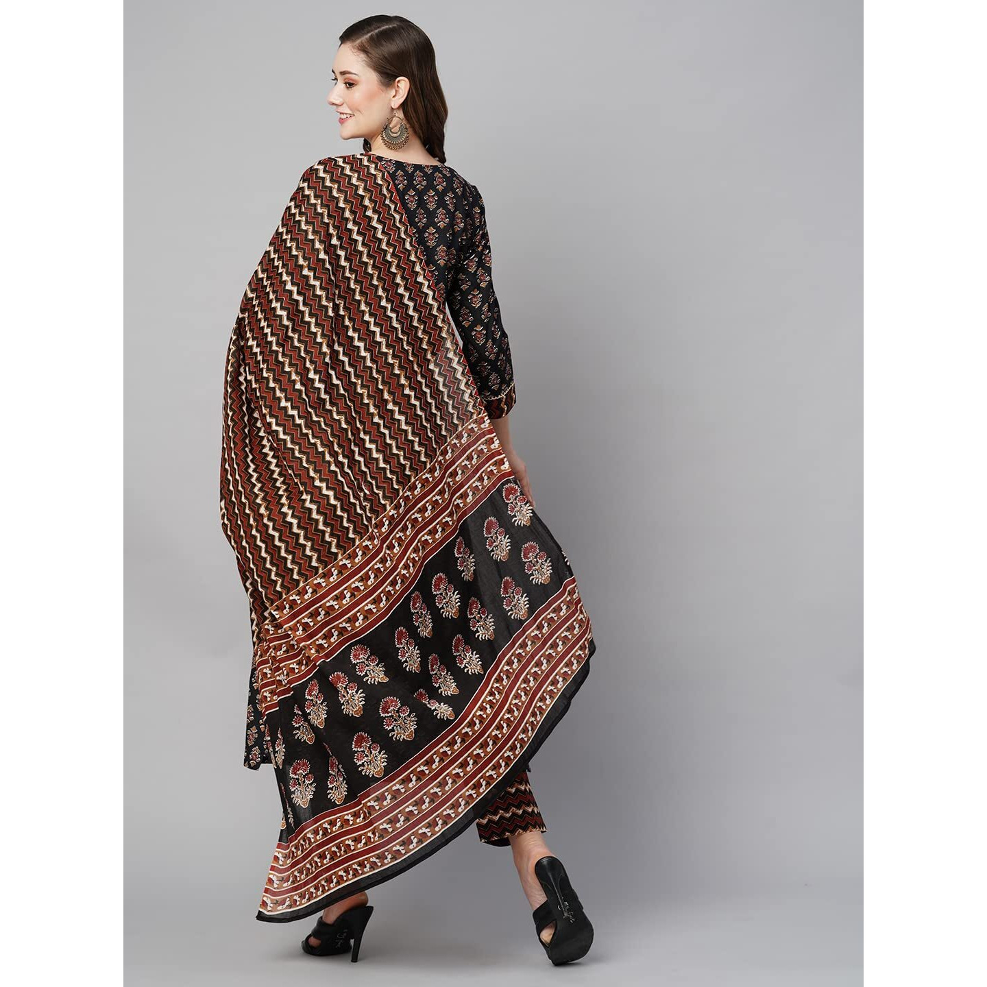 ANNI DESIGNER Women's Cotton Blend Straight Printed Kurta with Pant & Dupatta (Manita Black_XL_Black_X-Large)