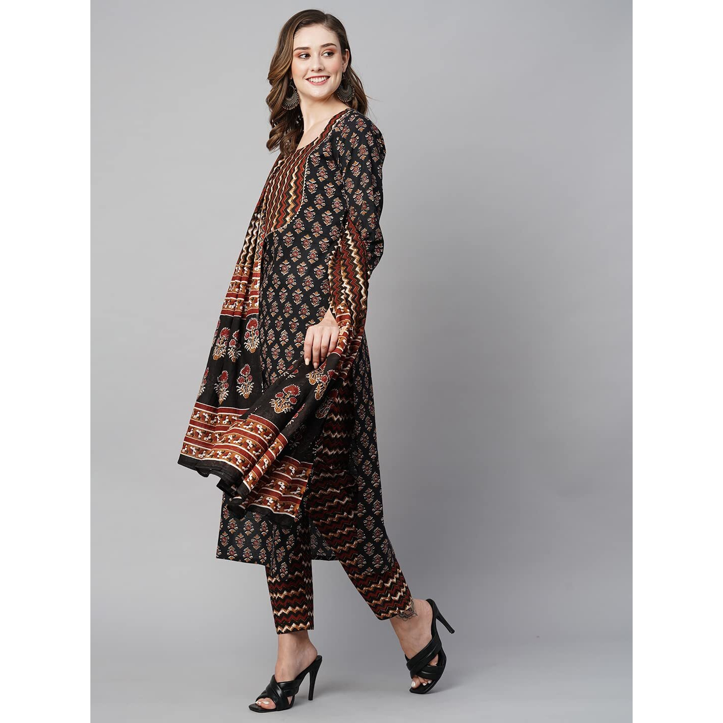 ANNI DESIGNER Women's Cotton Blend Straight Printed Kurta with Pant & Dupatta (Manita Black_XL_Black_X-Large)