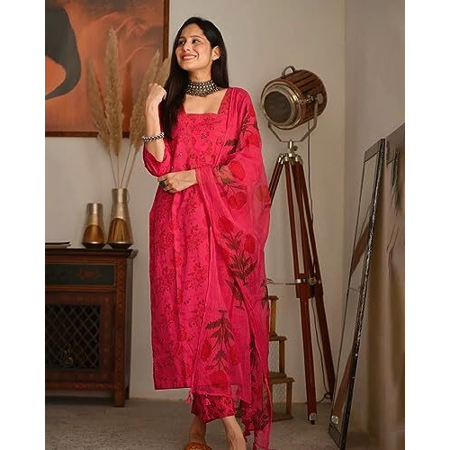 ANNI DESIGNER Women's Cotton Blend Straight Printed Kurta with Pant & Dupatta (Sweet Rani_S_Pink_Small)